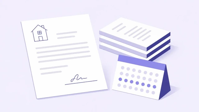 Illustration of a signed promissory note with a small house icon, a stack of loan documents and a payment calendar